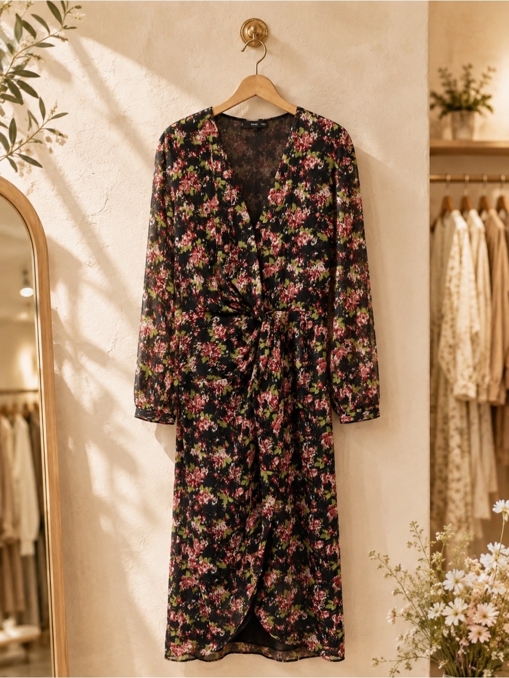 Mango Knot Print Floral Midi Dress Black Pink Plus Size 20 EU 4XL NWT